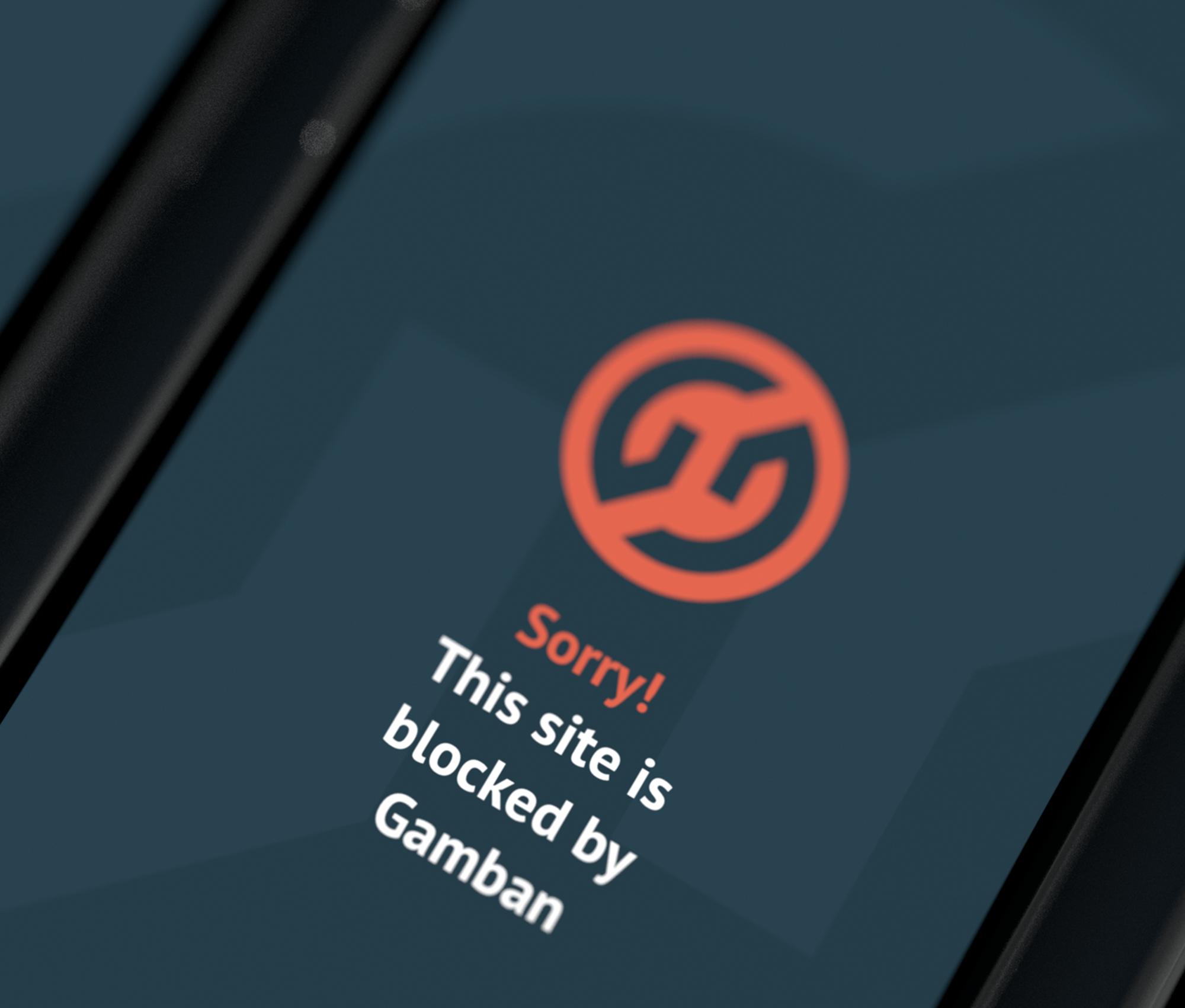 A phone displaying the blocked website screen on the Gamban mobile app